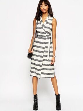 Sleeveless Black & White Striped Wrap Dress